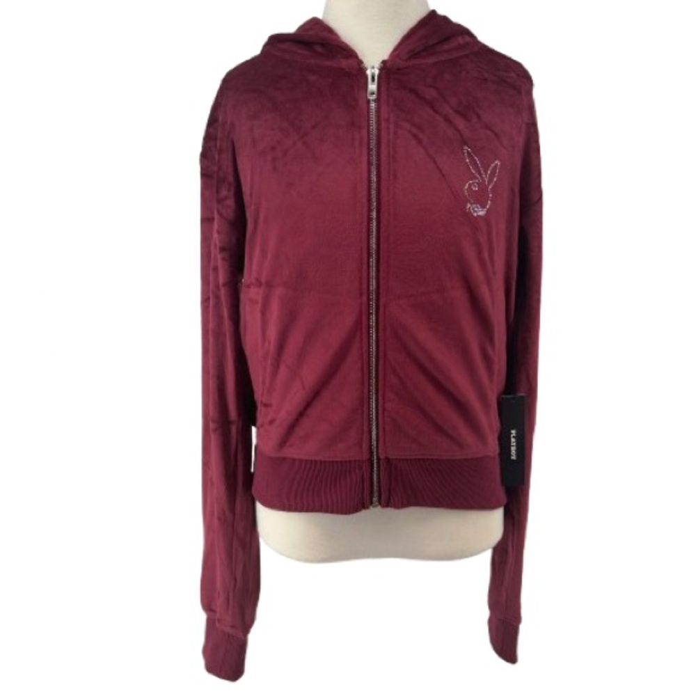 NWT Playboy The Icon Velour Logo Hoodie Burgundy Size XS - Picture 4 of 14